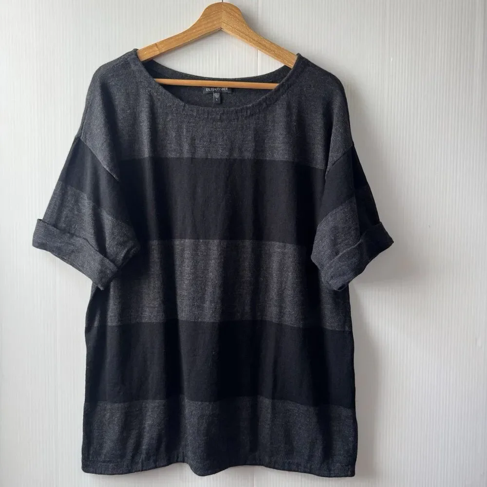 EILEEN FISHER 100% Merino Wool Italian Yarn Black Gray Sz L Sweater Top